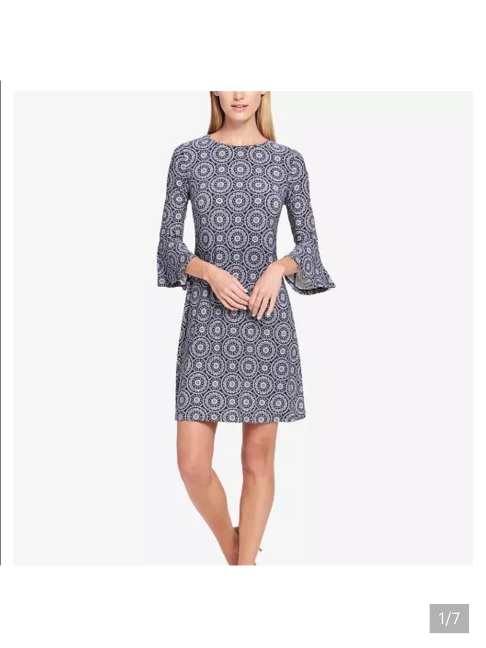Tommy Hilfiger Navy and White Medallion Bell-Sleeve Shift Dress